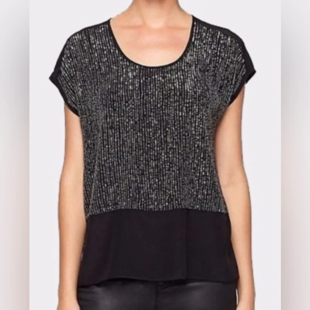 Eileen Fisher-‎ Black Blouse- Crep Silk Sequin Rivulet Cap Sleeve Shirt- Large - Picture 6 of 6